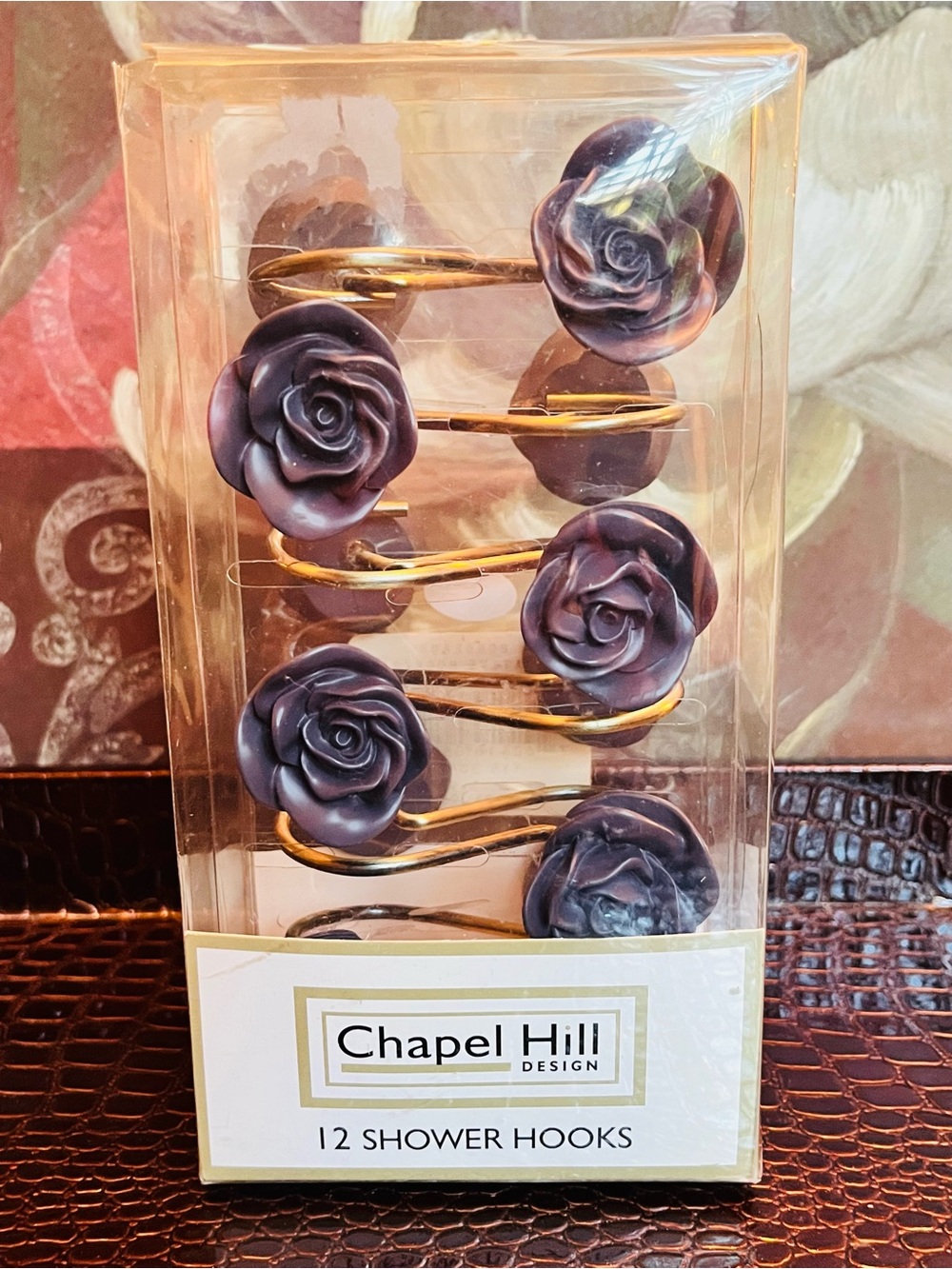 Chapel Hill Hand Painted Rose Shower Hooks in Bordeaux and Bronze Gold-Set of 12